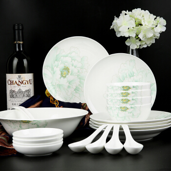 高淳陶瓷 白牡丹中式骨瓷餐具套装 米饭碗碟盘子厨房套件 20头