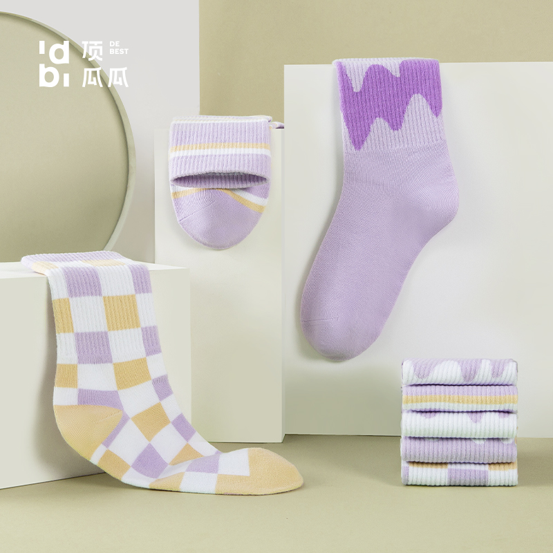 顶瓜瓜女式棉袜子紫色水波中筒袜5双装